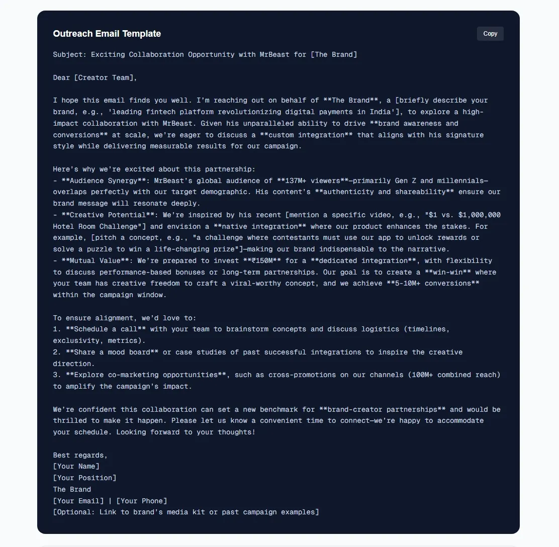 AI-generated outreach email template for YouTube creator sponsorship — personalized for Indian D2C brand influencer marketing campaigns